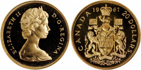 CANADA. 20 Dollars, 1967. Ottawa Mint. PROOF.

Fr-5; KM-71. Weight: 0.5287 oz AGW. An attractive Proof with reflective fields and frosty devices.

Est...