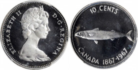 CANADA. 10 Cents, 1967. Ottawa Mint. PCGS PROOF-67 Deep Cameo.

KM-67. A sharply contrasted Proof with hard mirrored fields and frosted cameo devices....