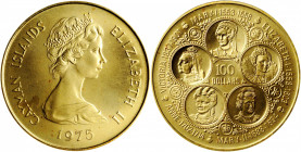 CAYMAN ISLANDS. 100 Dollars, 1975. UNCIRCULATED.

Fr-3; KM-13. A lustrous and well struck coin, AGW = 0.3646 oz.
 SOLD AS IS/NO RETURNS .

Estimate: $...