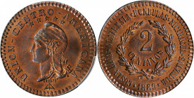 CENTRAL AMERICAN UNION. Bronze 2 Centavos Pattern, 1889. PCGS SPECIMEN-64 Red Brown Gold Shield.

KMX-E22. A lustrous Pattern with rich mint red aboun...