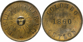 CEYLON. Darley Butler & Co. Brass Token, 1860. PCGS AU-55 Gold Shield.

Prid-27. Slave island Token, issued by Darley Butler & Co. An overall pleasing...
