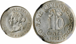 CEYLON. 10 Cents, 1892. Victoria. NGC MS-66.

KM-94. A pleasing, bright Gem with argent color and cartwheel luster.

Estimate: $200.00-$300.00