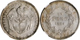 COLOMBIA. Peso, 1864. Bogota Mint. NGC AU-55.

KM-139.1; Restrepo 315.3. A wholesome and boldly struck Peso, gray toned with splashes of almond on the...