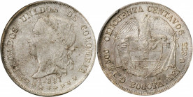 COLOMBIA. 50 Centavos, 1881. Bogota Mint. PCGS MS-62 Gold Shield.

KM-177.1; Restrepo-308.9. A frosty, lightly toned coin with some bright luster in t...