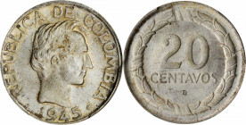 COLOMBIA. 20 Centavos, 1945-B. Bogota Mint. PCGS MS-65 Gold Shield.

Restrepo P164 / 389.2. Reeded Edge. Cataloged at PCGS as the regular issue (0.500...