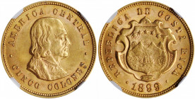 COSTA RICA. 5 Colones, 1899. Philadelphia Mint. NGC MS-64.

Fr-21; KM-142. A pleasing, near-Gem example of the type, with frosty luster and dark golde...