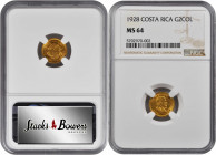 COSTA RICA. 2 Colones, 1928. Philadelphia Mint. NGC MS-64.

Fr-22; KM-139. A pleasing near-Gem with subtle frosty luster throughout and deep golden to...