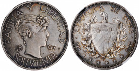 CUBA. Souvenir Peso, 1897. Gorham Mint. NGC AU-58.

KMX-M3. Type III, with star above baseline of "97". A well struck and pleasantly toned Peso, with ...