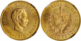 CUBA. 5 Pesos, 1915. Philadelphia Mint. NGC MS-64.

Fr-4; KM-19. A boldly struck near-Gem with pleasing cartwheel luster.

Estimate: $400.00-$600.00