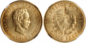 CUBA. 5 Pesos, 1915. Philadelphia Mint. NGC MS-61.

Fr-4; KM-19. A boldly struck and bright coin with cartwheel luster and a pale golden color.

Estim...