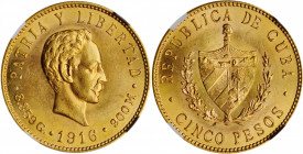 CUBA. 5 Pesos, 1916. Philadelphia Mint. NGC MS-63.

Fr-4; KM-19. A decently struck and lustrous coin, with dark honey golden color.

Estimate: $360.00...