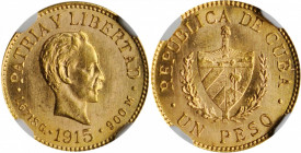 CUBA. Gold Peso, 1915. Philadelphia Mint. NGC MS-64.

Fr-7; KM-16. Mintage: 6,850. A bright and lustrous coin.

Estimate: $360.00-$500.00