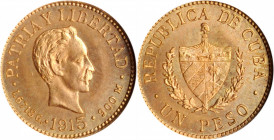 CUBA. Gold Peso, 1915. Philadelphia Mint. NGC MS-65.

Fr-7; KM-16. This appealing Gem offers bold strike and full satiny luster.

Estimate: $360.00-$5...