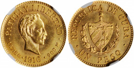 CUBA. Gold Peso, 1916. Philadelphia Mint. NGC MS-64.

Fr-7; KM-16. A bright and flashy Peso, dripping with luster.

Estimate: $360.00-$500.00