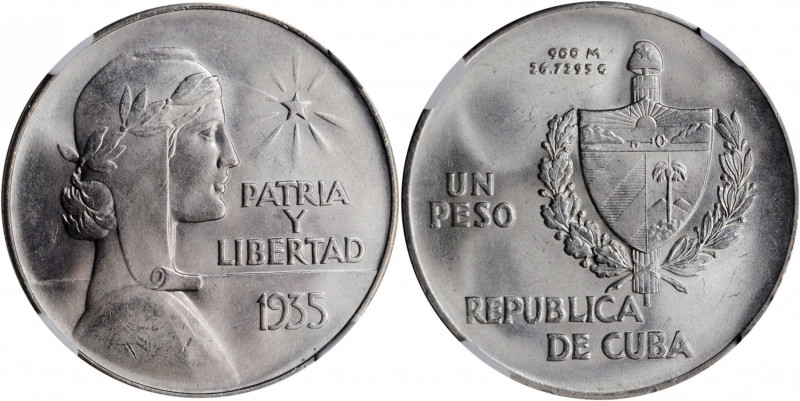 CUBA. Peso, 1935. Philadelphia Mint. NGC MS-64+.

KM-22. "ABC" Peso type. A hand...
