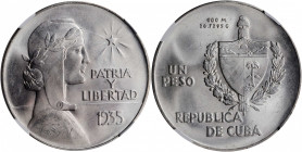 CUBA. Peso, 1935. Philadelphia Mint. NGC MS-64+.

KM-22. "ABC" Peso type. A handsome and virtually Gem quality Peso, with full satiny luster and almos...