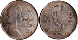 CUBA. Peso, 1936. Philadelphia Mint. NGC MS-63.

KM-22. "ABC" Peso type. A boldly struck and lustrous coin, with faint lilac toning throughout.

Estim...