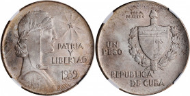 CUBA. Peso, 1939. Philadelphia Mint. NGC MS-64.

KM-22. "ABC" Peso type. A handsome example of the type with full silky luster and a touch of russet t...