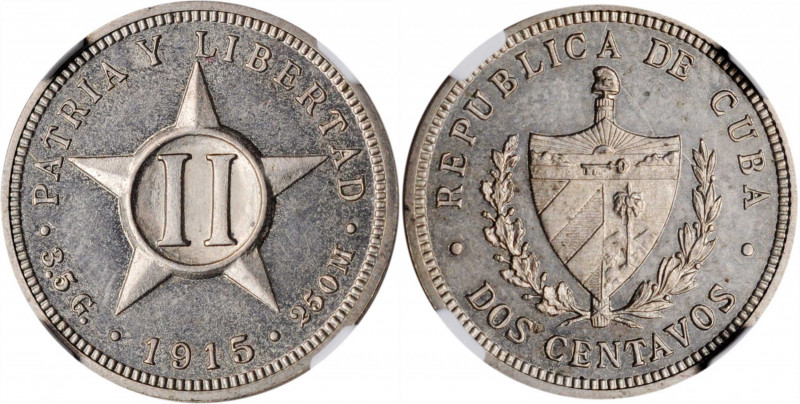 CUBA. 2 Centavos, 1915. Philadelphia Mint. NGC PROOF-63 Cameo.

KM-A10. Mintage:...