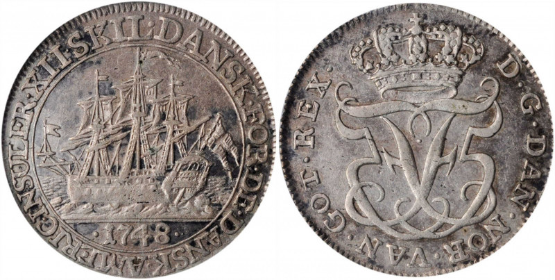 DANISH WEST INDIES. 12 Skilling, 1748. Frederik V. NCS Genuine--EF Details, Exce...