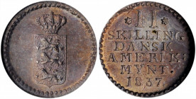 DANISH WEST INDIES. 2 Skilling, 1837. Frederick VI. NGC MS-62.

KM-13; Sieg-11. The flat top "3" variety. A well struck little coin with good luster a...