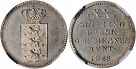 DANISH WEST INDIES. 20 Skilling, 1848. Christian VIII. NGC Unc Details--Excessive Surface Hairlines.

KM-21.2. Plain Edge Variety. A boldly struck and...