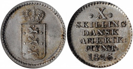 DANISH WEST INDIES. 10 Skilling, 1845. Christian VIII. NGC MS-64.

KM-16. A pleasing, well struck near-Gem example of the type, with satiny luster and...