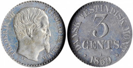 DANISH WEST INDIES. 3 Cents, 1859. Frederik VII. NGC PROOFLIKE-63.

KM-64; Sieg-16. A bright and flashy coin, with a faint aquamarine hue in the field...
