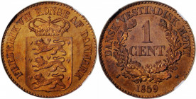 DANISH WEST INDIES. Cent, 1859. Frederik VII. NGC PROOFLIKE-63 Brown.

KM-63. A pleasing Cent with decent strike and light brown to shimmering red-bri...