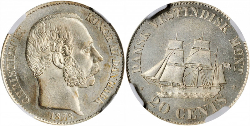 DANISH WEST INDIES. 20 Cents, 1878. Copenhagen Mint. Christian IX. NGC MS-62.

K...