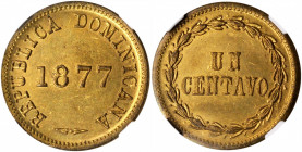 DOMINICAN REPUBLIC. Centavo, 1877. Scovill (Waterbury) Mint. NGC MS-64.

KM-3. Struck in brass. A boldly struck Centavo,  SCARCE  in this condition, w...