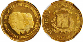 DOMINICAN REPUBLIC. Gilt Copper 300 Pesos Pattern, 1983. NGC PROOF-68 Ultra Cameo.

KMX-5 var. Struck to honor friar Antonio de Montesinos, a missiona...