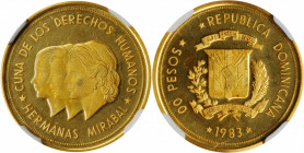 DOMINICAN REPUBLIC. Gilt Copper "00" Pesos Pattern, 1983. NGC PROOF-68 Ultra Cameo.

KMX-4.1 var. Struck to honor the Mirabal sisters who led a politi...
