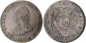 ECUADOR. 4 Reales, 1857-GJ. Quito Mint. ANACS VF-30.

KM-37. Used but not abused, this example lacks the usual hairlines, nicks and scratches. Some of...