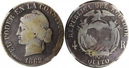 ECUADOR. 4 Reales, 1862. Quito Mint. NGC VG-08.

KM-41. Large Head variety by Barré. A heavily circulated, yet problem-free example of this  SCARCE , ...