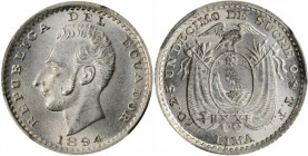 ECUADOR. Decimo, 1894 TF. Lima Mint. PCGS MS-64+ Gold Shield.

KM-50.3. A blast white near-Gem with full frosty luster.

Estimate: $200.00-$300.00