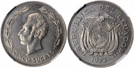 ECUADOR. 5 Sucres, 1973. NGC MS-64.

KM-84. A popular type that emerged only in limited release sets, but never into general circulation. A boldly str...