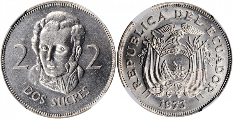 ECUADOR. 2 Sucres, 1973. NGC MS-64.

KM-82. An untoned and near-Gem coin, with f...