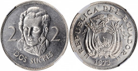 ECUADOR. 2 Sucres, 1973. NGC MS-64.

KM-82. An untoned and near-Gem coin, with flashy luster and good strike.

Estimate: $150.00-$240.00