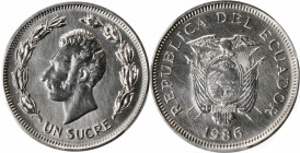 ECUADOR. Sucre Trial Strike, 1986. PCGS SPECIMEN-65 Gold Shield.

KM-85.2 (for circulation strike). Plain Edge. A brilliant and flashy coin with cool ...