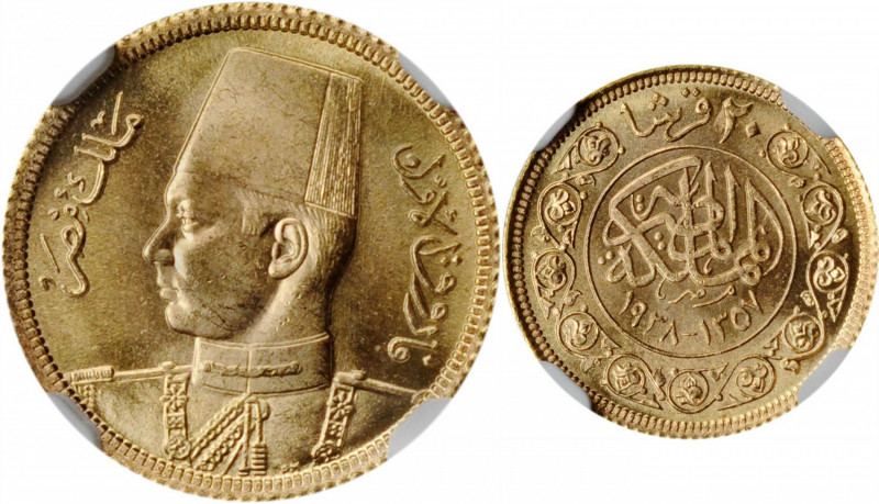 EGYPT. 20 Piastres, AH 1357 (1938). London Mint. NGC MS-66.

Fr-38; KM-370. Roya...