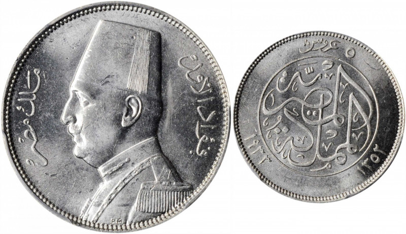 EGYPT. 5 Piastres, AH 1352 (1933). London Mint. PCGS MS-64 Gold Shield.

KM-349....