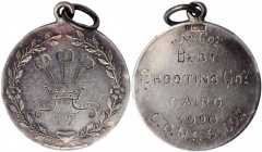 EGYPT. Silver Shooting Medal, 1920. PCGS AU-55 Gold Shield.

Obverse: Wreath (struck from a die) with plumes and ribbon within, "77" below (engraved b...