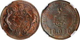 EQUATORIAL GUINEA. Copper 10000 Ekuele Pattern, 1978. NGC PROOF-64 Brown.

KM-E12 (cf. KM-41 in gold). Struck for the FIFA World Cup. A well struck Pr...