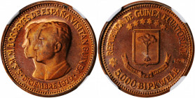 EQUATORIAL GUINEA. Copper 5000 Bipkwele Pattern, 1980. NGC PROOF-67 Red Brown.

KMX-Pn17. A  VERY RARE  commemorative Pattern for KMX-M3, a Gold issue...