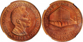 EQUATORIAL GUINEA. Copper 1000 Ekuele Pattern, 1978. NGC PROOF-66 Red Brown.

KM-E2. Mintage: 20. A  VERY RARE  Pattern for KM-35, featuring the Centr...