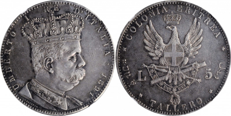 ERITREA. 5 Lire (Tallero), 1891. Rome Mint. Umberto I. NGC EF-45.

KM-4; Mont-80...