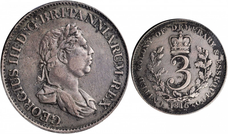 ESSEQUIBO & DEMERARY. 3 Guilder, 1816. George III. PCGS Genuine--Tooled, EF Deta...