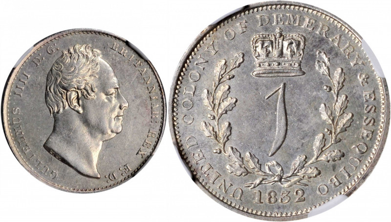 ESSEQUIBO & DEMERARY. Guilder, 1832. William IV. NGC AU-58.

KM-19; Prid-12. A b...
