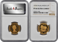 FALKLAND ISLANDS. Pound, 1974. NGC PROOF-66 Ultra Cameo.

Fr-3; KM-7. A brilliant Proof with hard mirrored fields and frosted cameo devices.

Estimate...